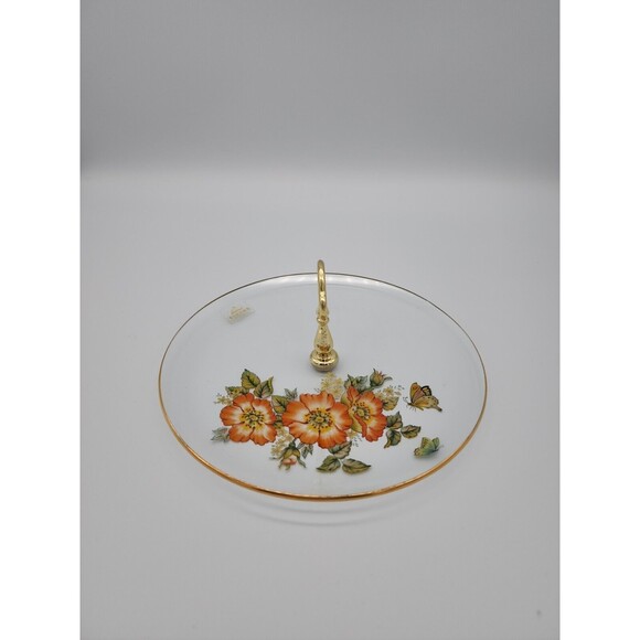 Tidbit Serving Tray Viking Glass Floral & Butterflies Trim Original Tag 8" NICE - Picture 2 of 12